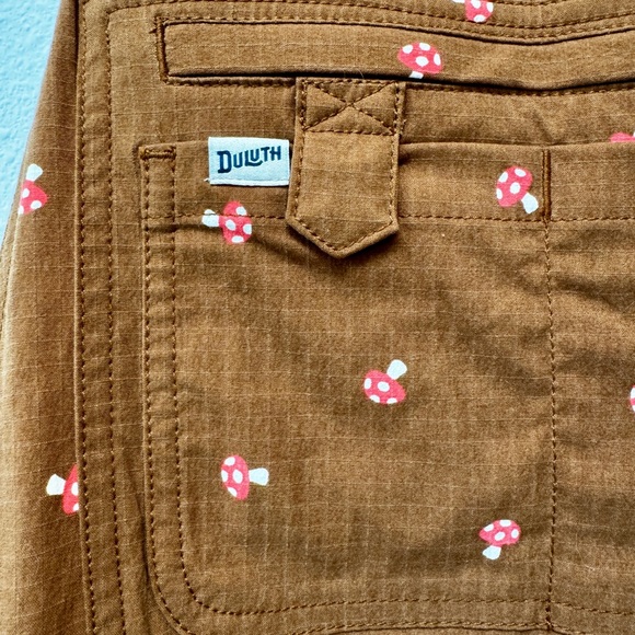 Duluth Trading Co Brown Overalls with Mushroom Print S x 29 - Picture 1 of 4